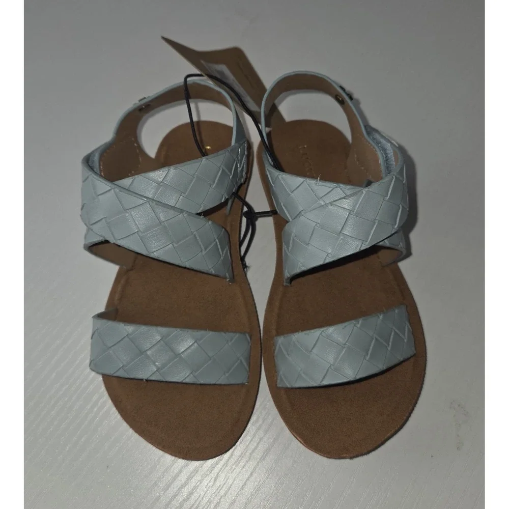Lucky Brand Light Blue Woven Strappy Flat Sandals Hook and Loop Ankle Strap 6‎